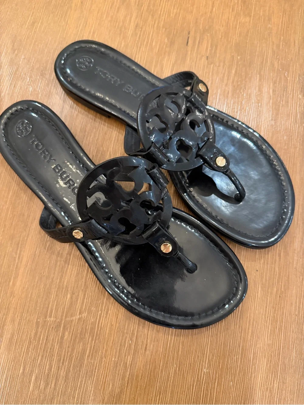 Tory Burch Black Patent Logo Thong Sandals with Gold Accents
